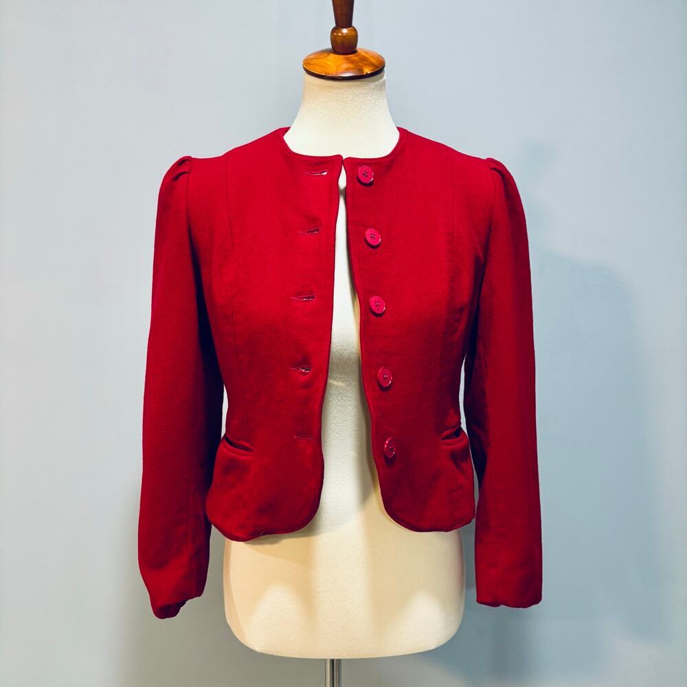 VTG 60s Red Pure Wool Cropped Blazer Jacket Collarless Puffed Shoulder, Size S